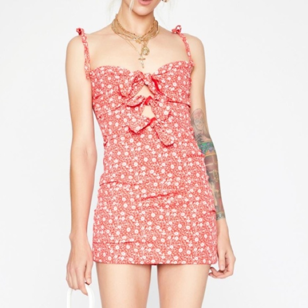 Red Floral Mini Dress With Tie Straps